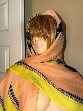 J. Crew Neon Yellow and Peach XL Wool Thin Scarf with Floral Motif